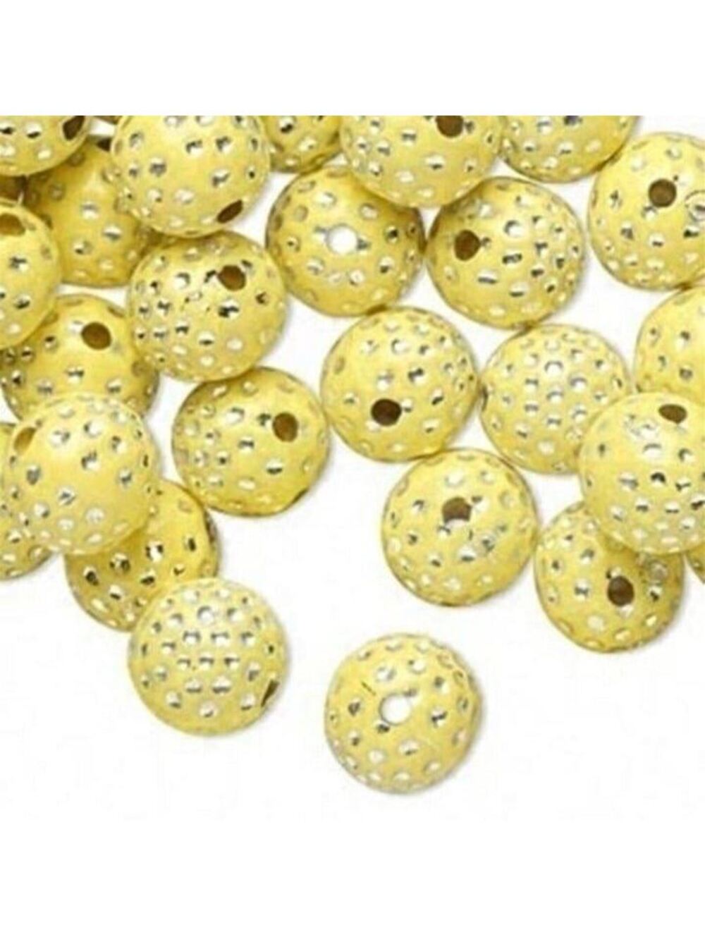 20 Retro Yellow & Silver Polka Dot 10mm Round Beads